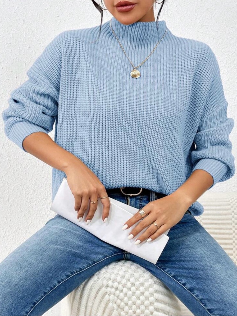 Light Blue Mock Neck Knit Sweater - Women - Picture 3 of 3
